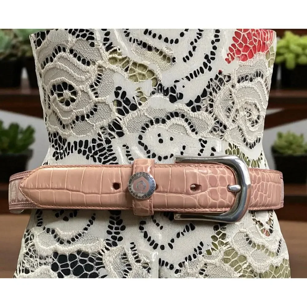 Brighton canvas heart monogram & leather croc embossed silver buckle sz 32 pink